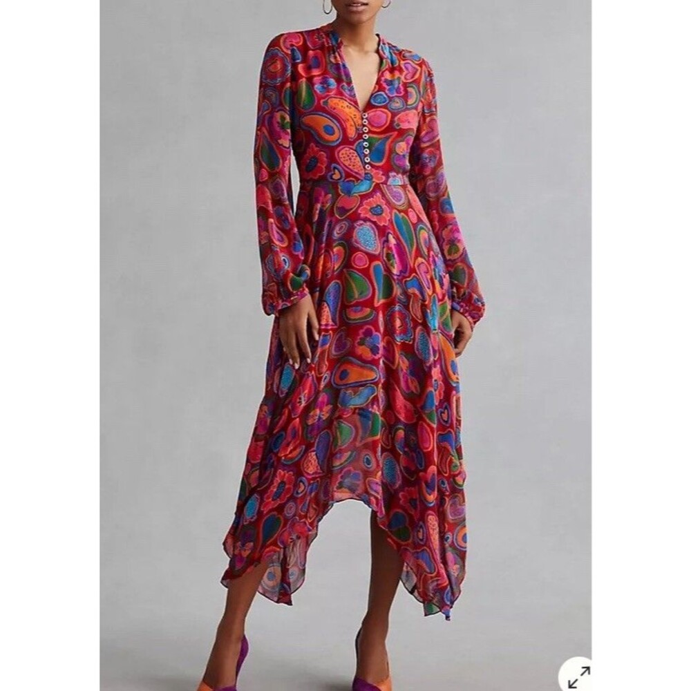Farm Rio Sheer Midi Dress Asymmetric Hem Colorful Boho Heart Mushroom Large New